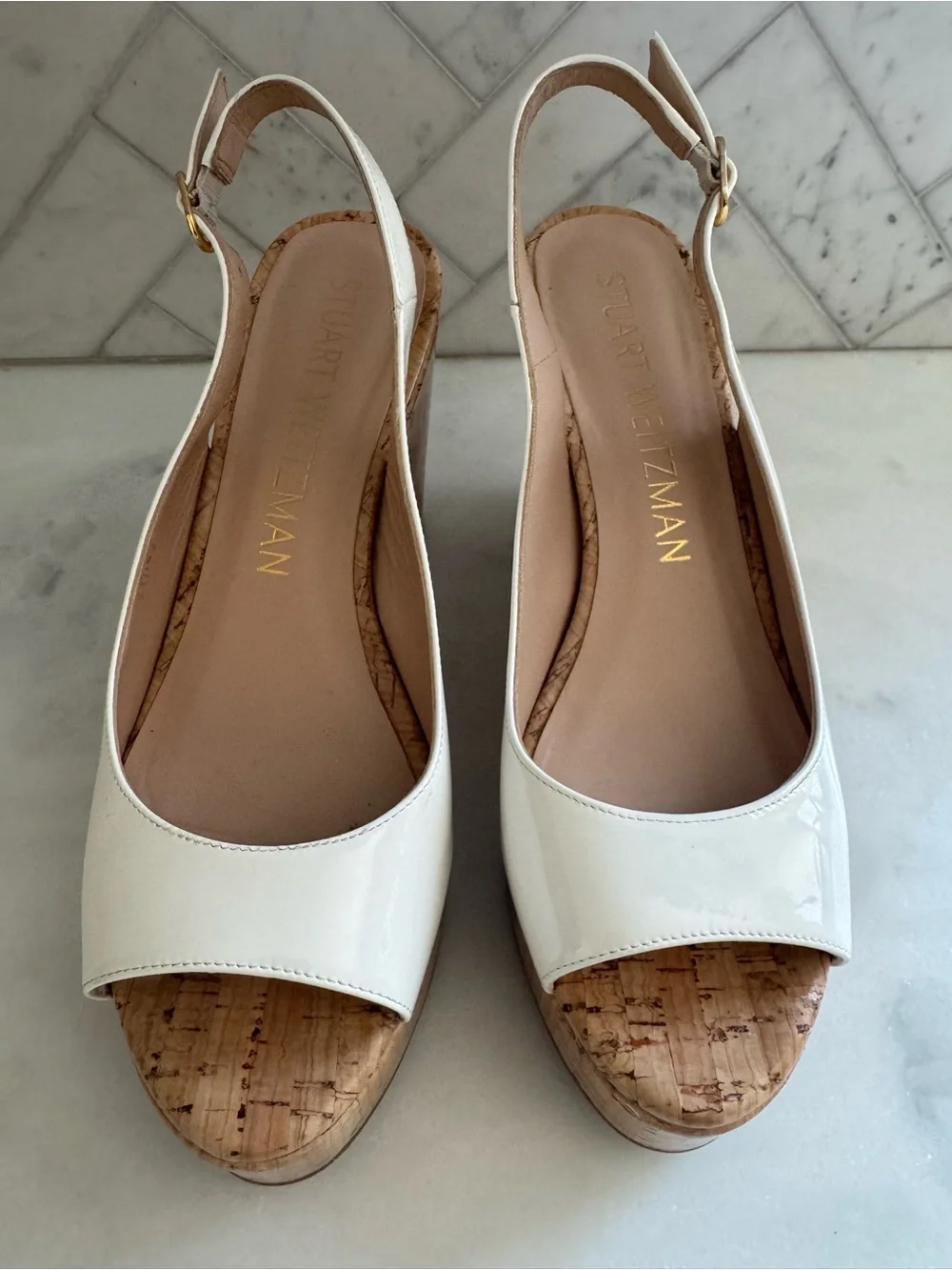 Stuart Weitzman White Patent Cork Platform Wedge Slingbacks 8.5 - Picture 14 of 15